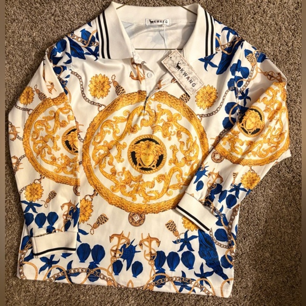 Fashion Gold and Blue Patterned Long Sleeve Polo with Medusa Head - Picture 1 of 2